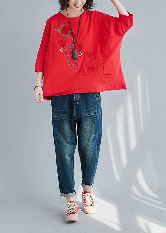 Diy Red Cotton Tunic Top Sleeve O Neck Patchwork Dresses Summer Shirts