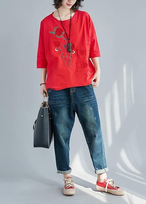 diy red cotton tunic top Plus Size Sleeve o neck patchwork Dresses Summer shirts