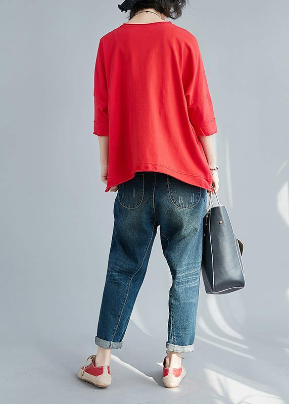 Diy Red Cotton Tunic Top Sleeve O Neck Patchwork Dresses Summer Shirts