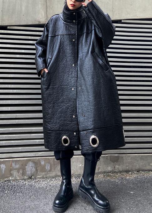 Diy Stand Collar Pu Clothes for Black Thick Loose Coats