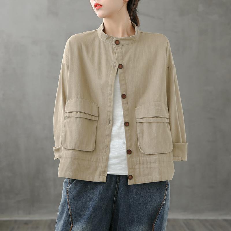 Diy Stand Collar Pockets Fine Coat Khaki Silhouette Coat