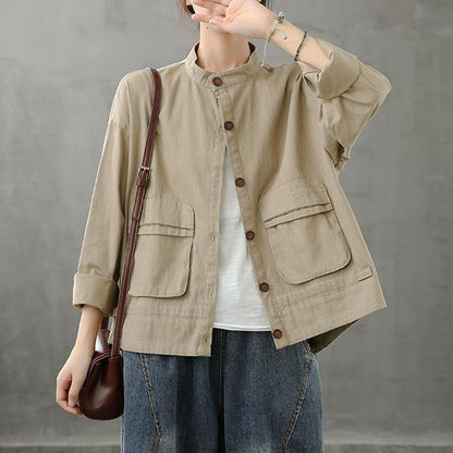 Diy Stand Collar Pockets Fine Coat Khaki Silhouette Coat