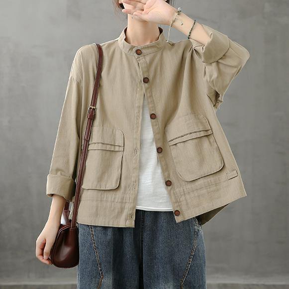 Diy Stand Collar Pockets Fine Coat Khaki Silhouette Coat