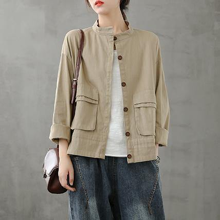 Diy Stand Collar Pockets Fine Coat Khaki Silhouette Coat