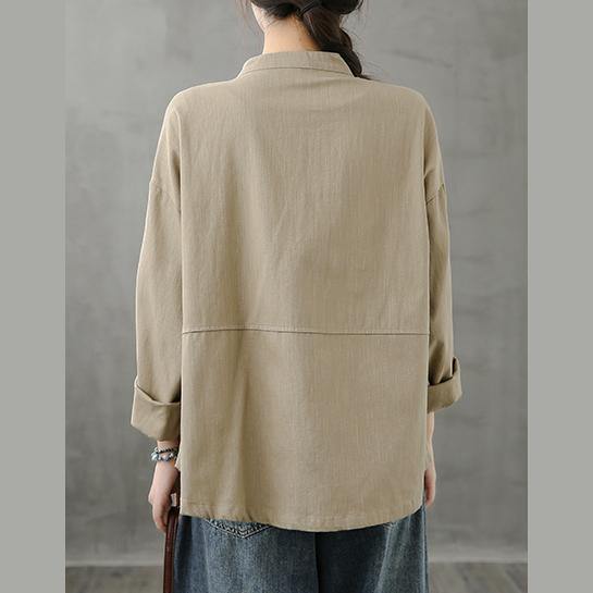 Diy Stand Collar Pockets Fine Coat Khaki Silhouette Coat
