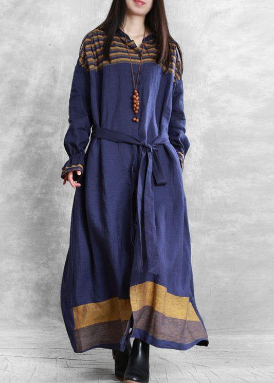 Diy Stand Collar Tie Waist Tunic Coat Blue Midi Coats
