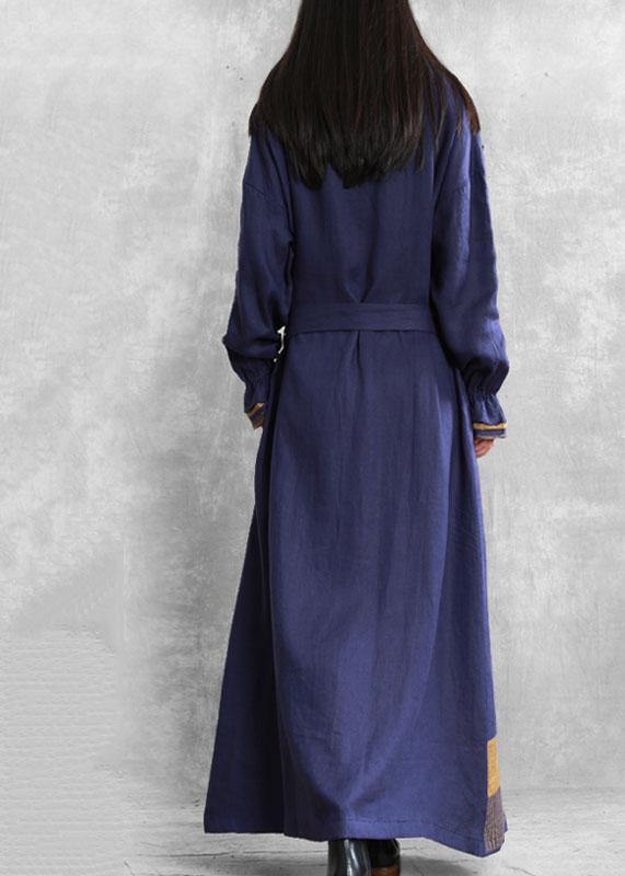 Diy Stand Collar Tie Waist Tunic Coat Blue Midi Coats