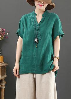 Diy V Neck Cotton Linen Summer Clothes Green Silhouette Top