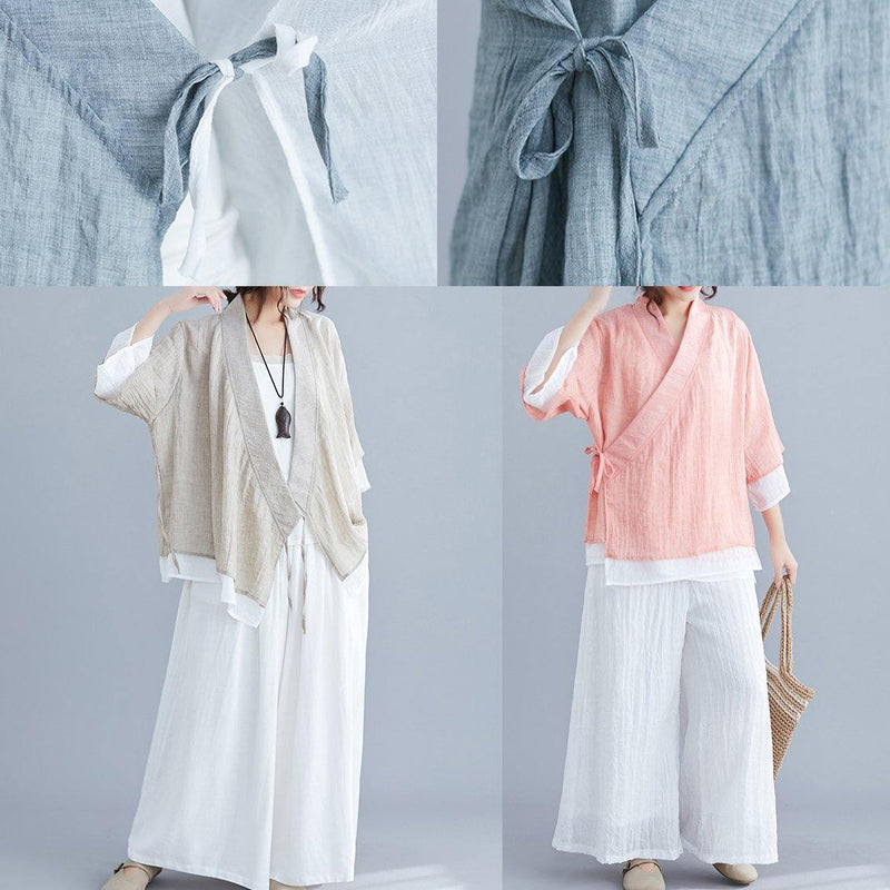 Diy V Neck Half Sleeve Cotton Linen Clothes for Nude Blouses Summer