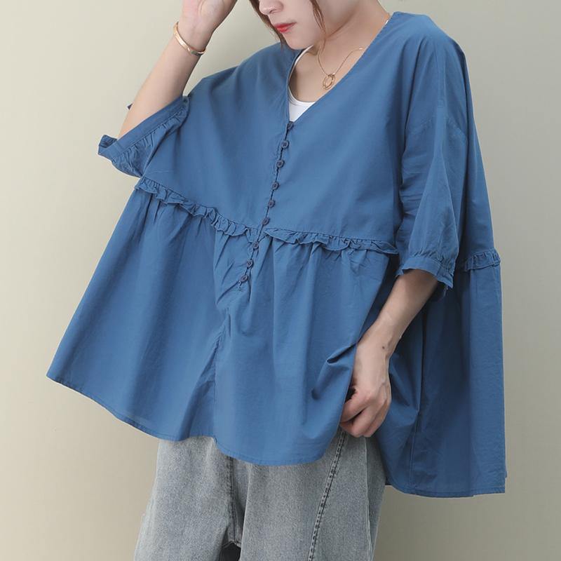 Diy V Neck Cinched Cotton Summer Tops Blue Tops