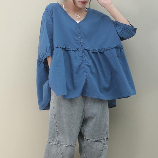 Diy V Neck Cinched Cotton Summer Tops Blue Tops