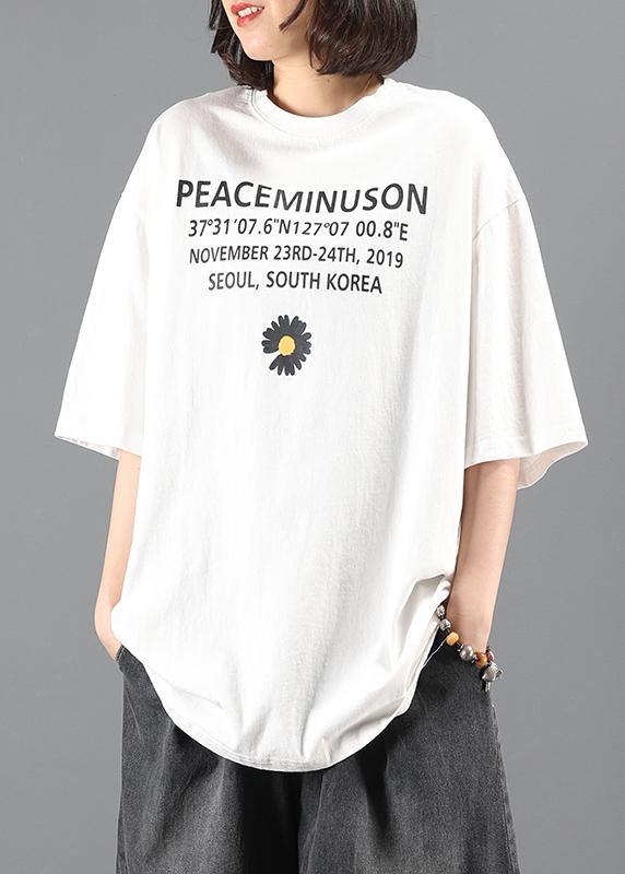 Diy White Little Daisy Print Tunics for O Neck Letter Short Top