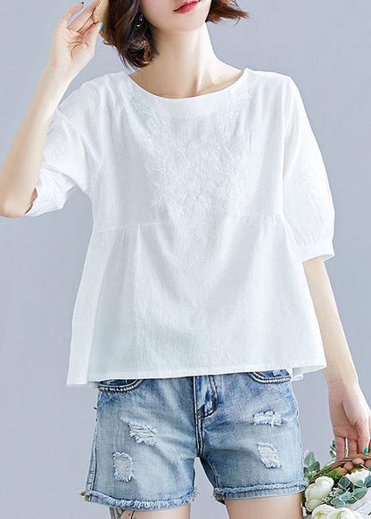 Diy White Cotton Pattern O Neck Embroidery Silhouette Summer Tops