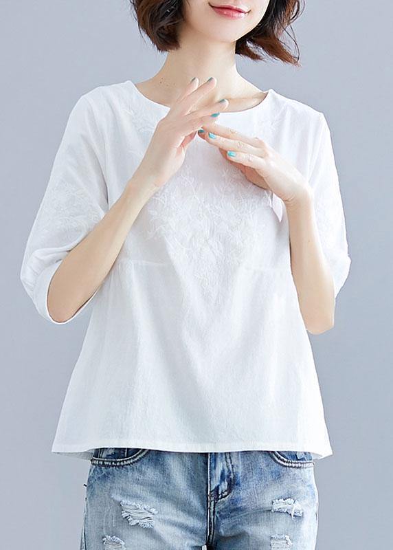 Diy White Cotton Pattern O Neck Embroidery Silhouette Summer Tops