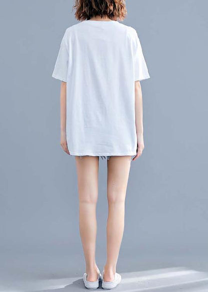 Diy White Print Cotton Clothes for O Neck Summer Tops