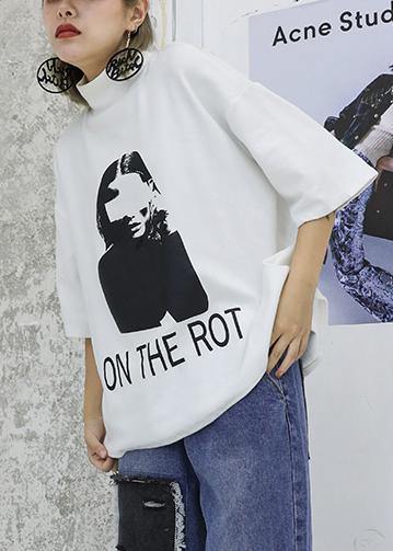 Diy White Print Cotton Top Silhouette Half Sleeve Tunic Stand Collar Shirt