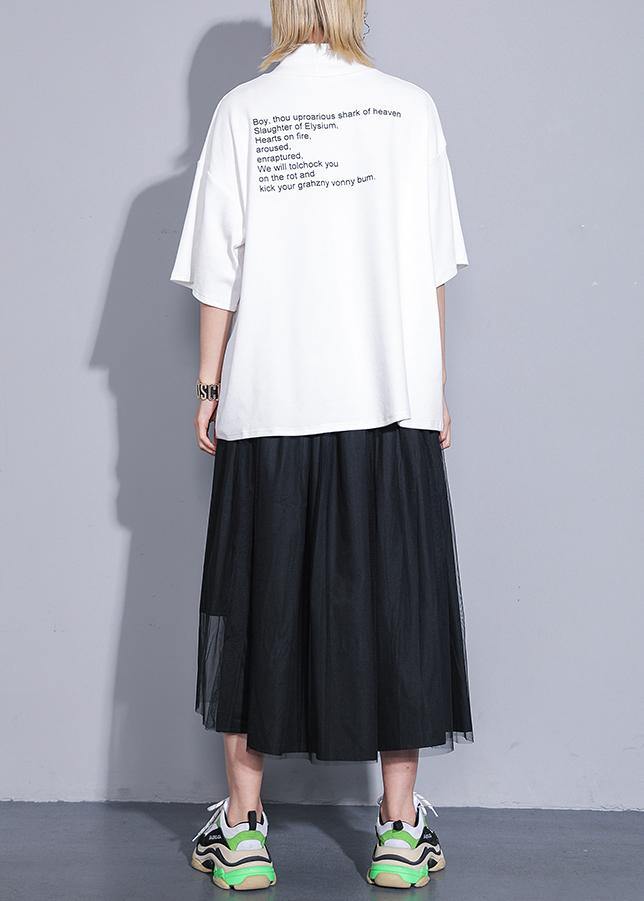 Diy White Print Cotton Top Silhouette Half Sleeve Tunic Stand Collar Shirt