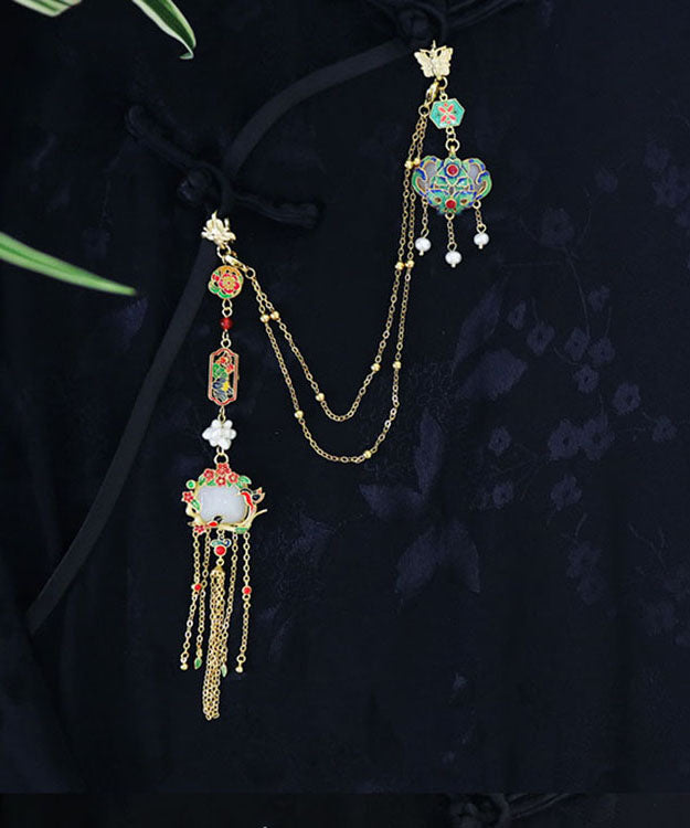 Retro Gold Overgild Pearl Jade Little Bird Tassel Brooch