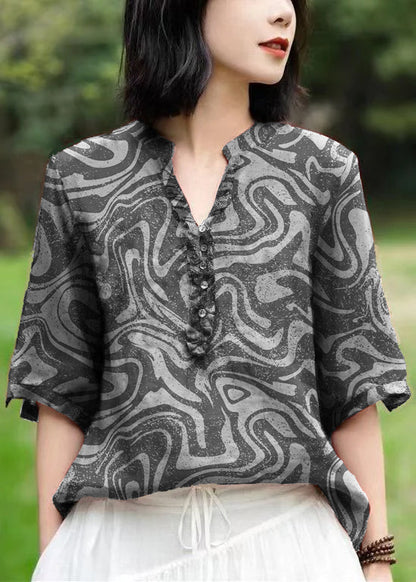 Unique Brown V Neck Embroidered Linen T Shirts Half Sleeve