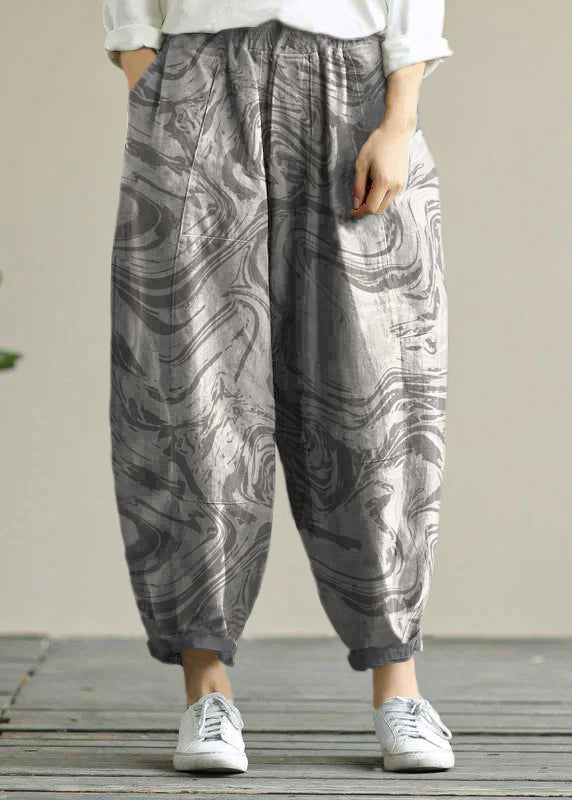 Literary Loose Green Color Wild Large Size Elastic Waist Nine-point Harem Pants
