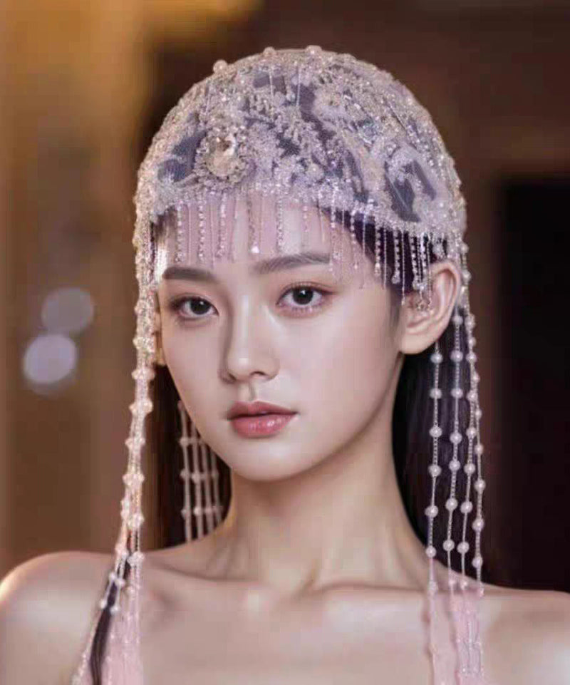 Purple Tulle Zircon Hollow Out Beading Tassel Hair Accessory