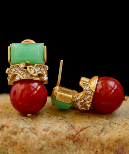 Colorblock Sterling Silver Overgild Zircon Jade Agate Stud Earrings
