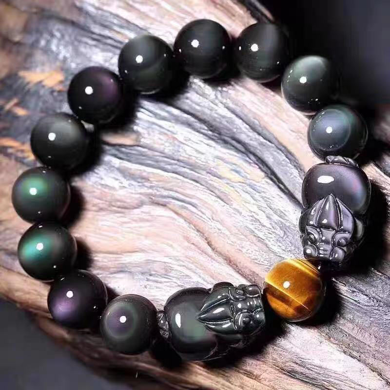 Buddha Stones Fengshui Pixiu Rainbow Obsidian Healing Bracelet