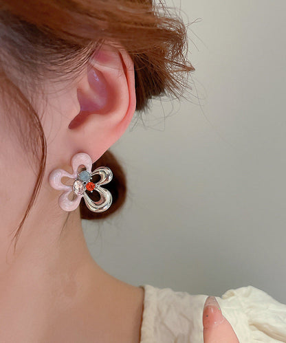 Colorblock Alloy Zircon Drip Glaze Hollow Out Stud Earrings