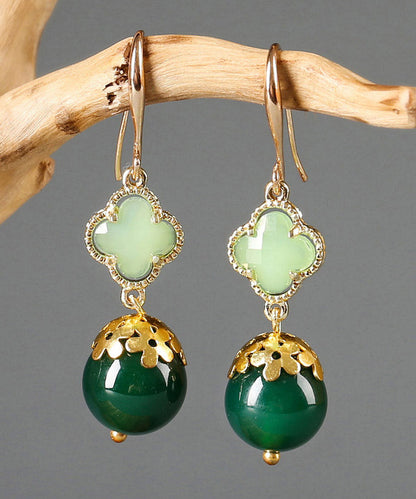 Green Sterling Silver Agate Coloured Glaze Clover Drop Earrings