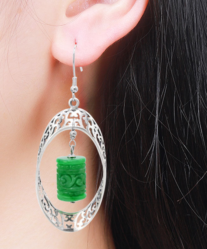 Green Sterling Silver Jade Dry Green Hollow Out Drop Earrings