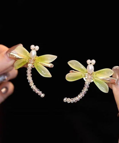 Chinese Style Light Green Colored Glaze Dragonfly a Pair Hairpin