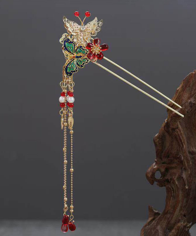 Chinese Style Copper Alloy Colored Glaze Butterfly Tassel a Pair Hairpin