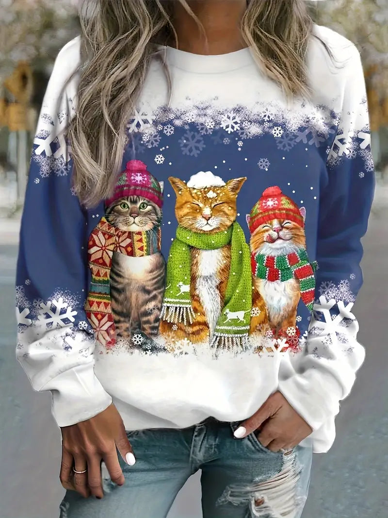 Christmas Sweater with Cat Print for Women