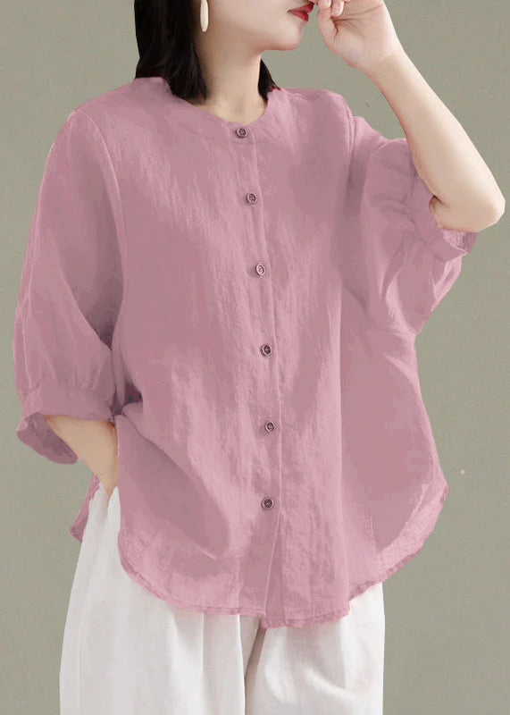 Art Print3 O-neck Button Linen Loose Shirt Top Lantern Sleeve