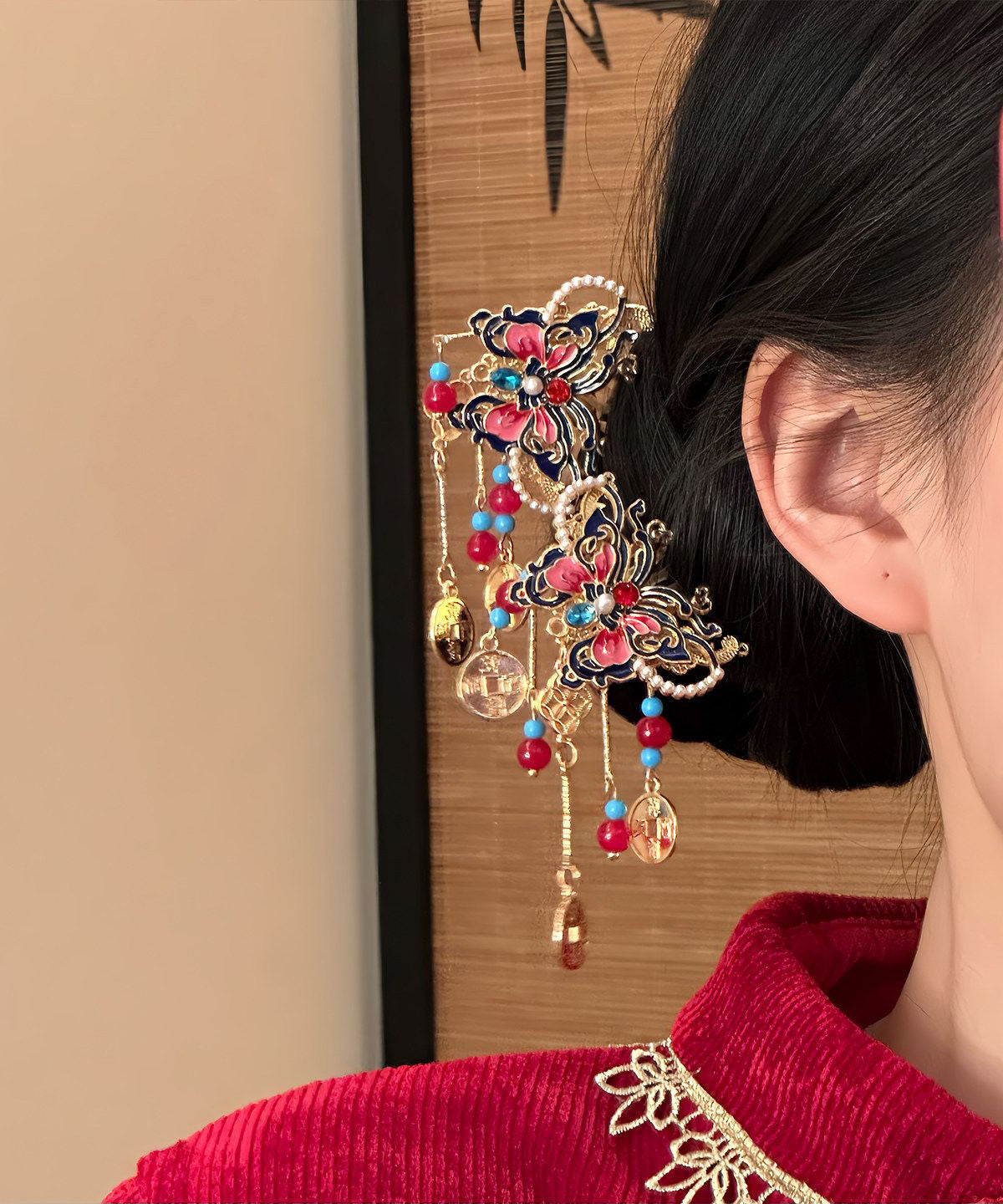 Red Copper Alloy Butterfly Tassel Single Hairpin