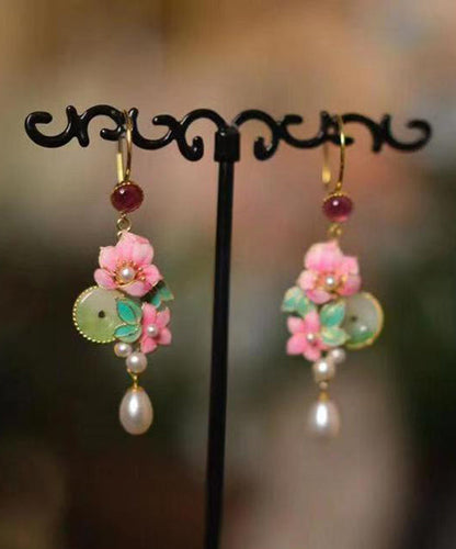 Classy Gold Sterling Silver Overgild Jade Pearl Drop Earrings
