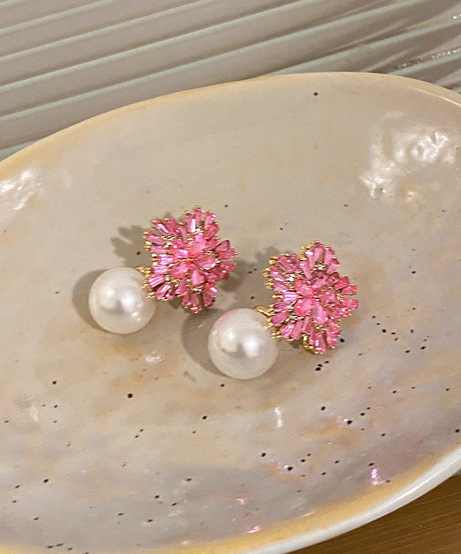 Pink Copper Alloy Zircon Pearl Drop Earrings