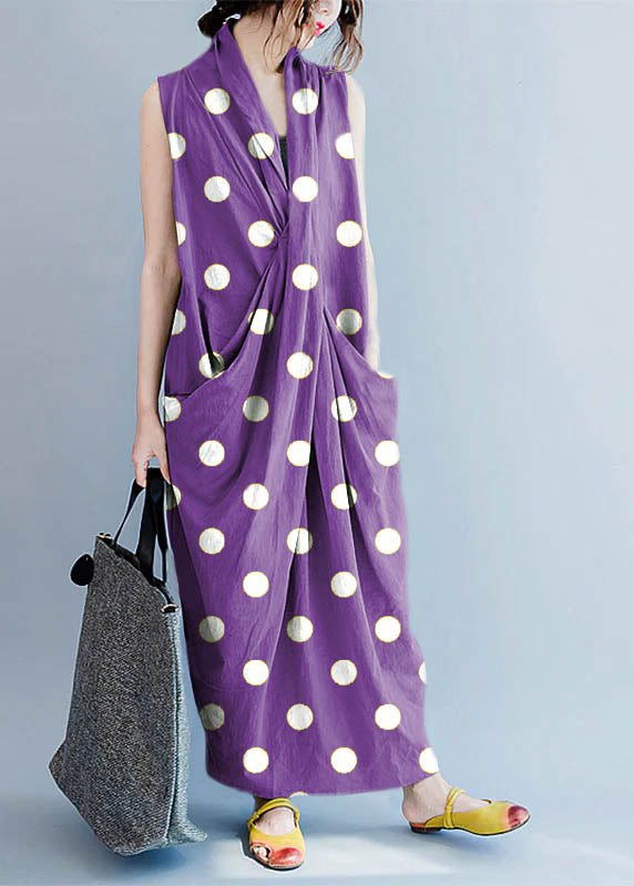V Neck Sleeveless Loose Long Dress Split Hem Blue Flowers Long Tank