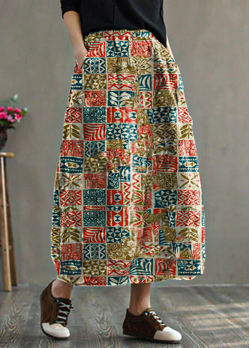 Grey- Elastic Waist Patchwork Print Fine Cotton Filled Skirt Winter