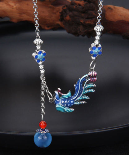 Blue Sterling Silver Tassel Cloisonne Enamel Phoenix Pendant Necklace