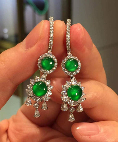 Sterling Silver Inlaid Zircon Jade Tassel Drop Earrings
