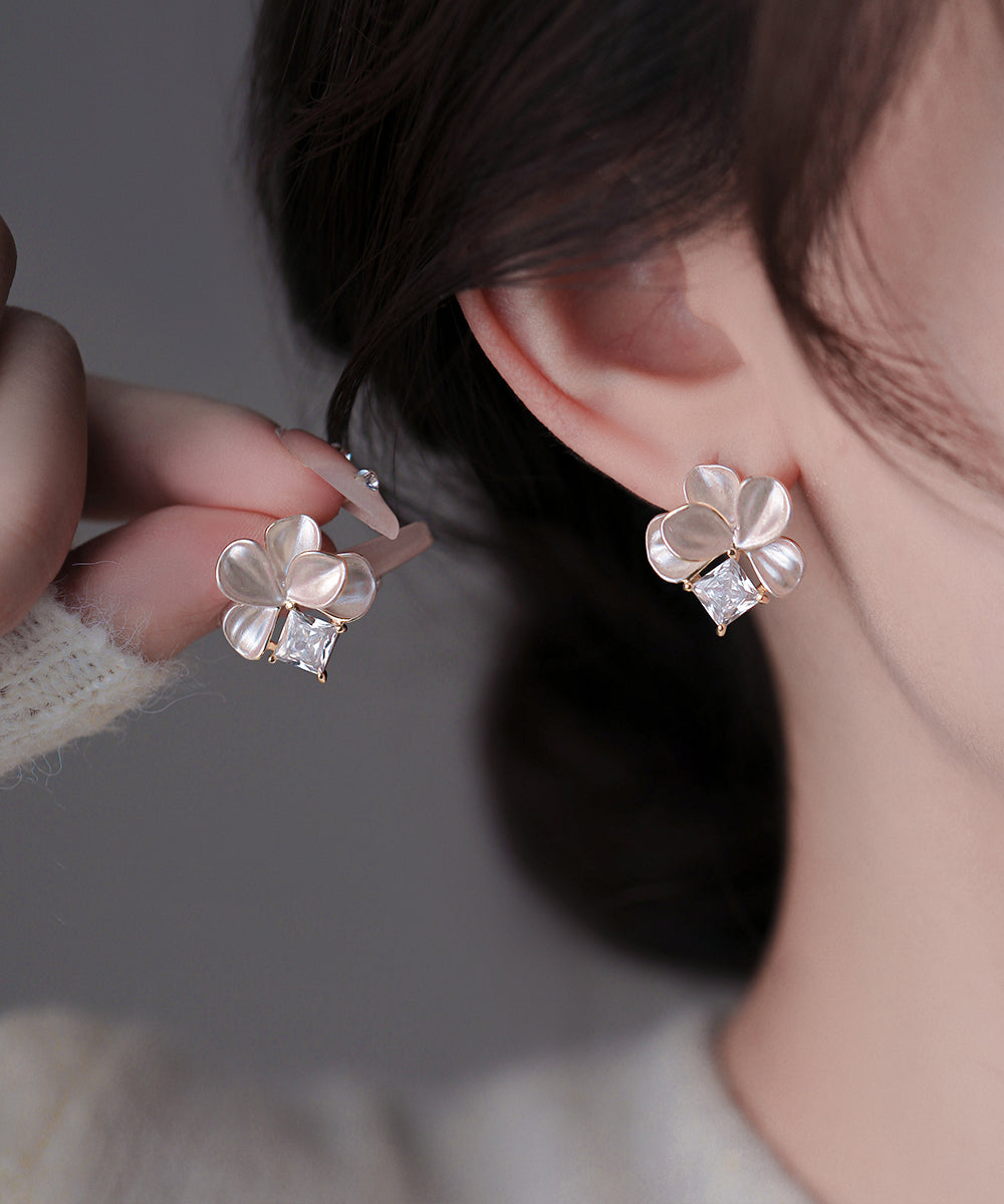 Pink Copper Overgild Zircon Petal Stud Earrings