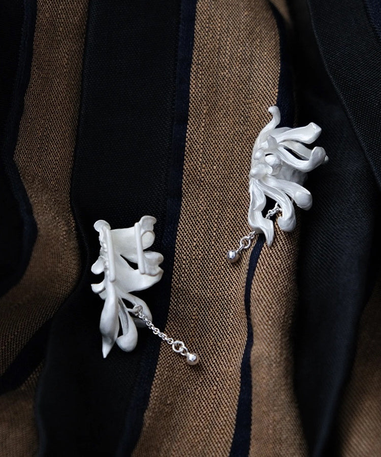Diy Light Grey Sterling Silver Petal Tassel Stud Earrings
