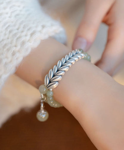Retro Light Green Sterling Silver Jade Wheat Ear Chain Bracelet