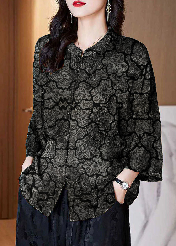 Red Stand Collar Button Print Patchwork Silk Blouse Top Summer
