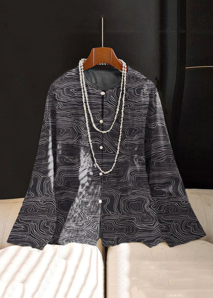 Chinese Style White Print Button Silk Coat Long Sleeve