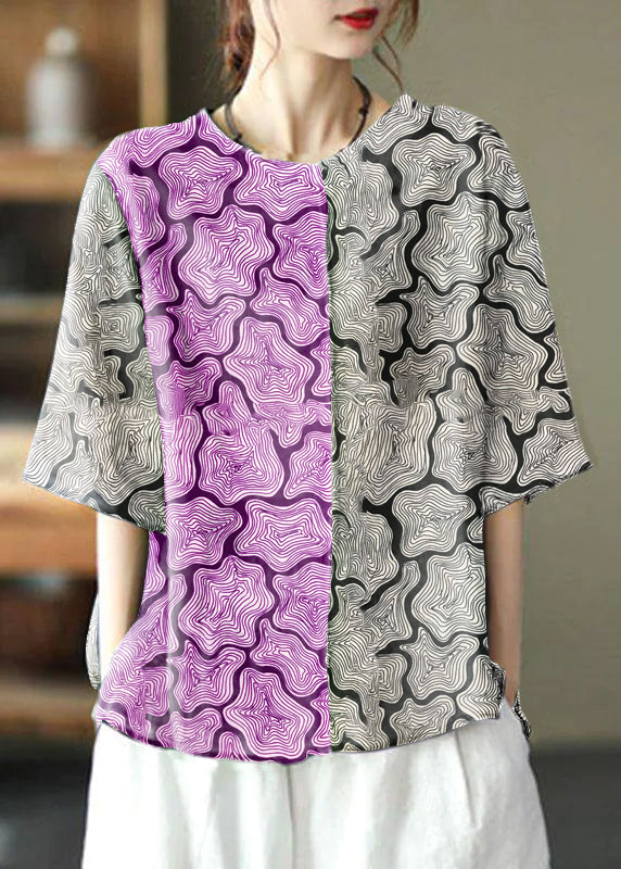 Natural Black O-neck Embroideried Summer Ramie Blouses Half Sleeve