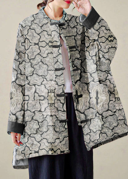 Organic Gray Crane Oversized Print Fine Cotton Filled Coat Outwear Winter