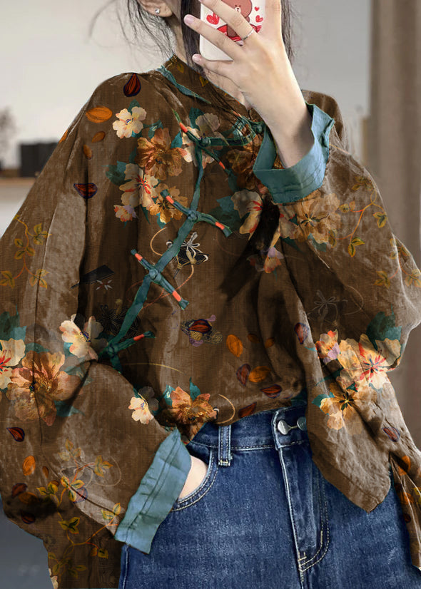 Loose Brown Flower Button Print Patchwork Cotton Shirts Long Sleeve