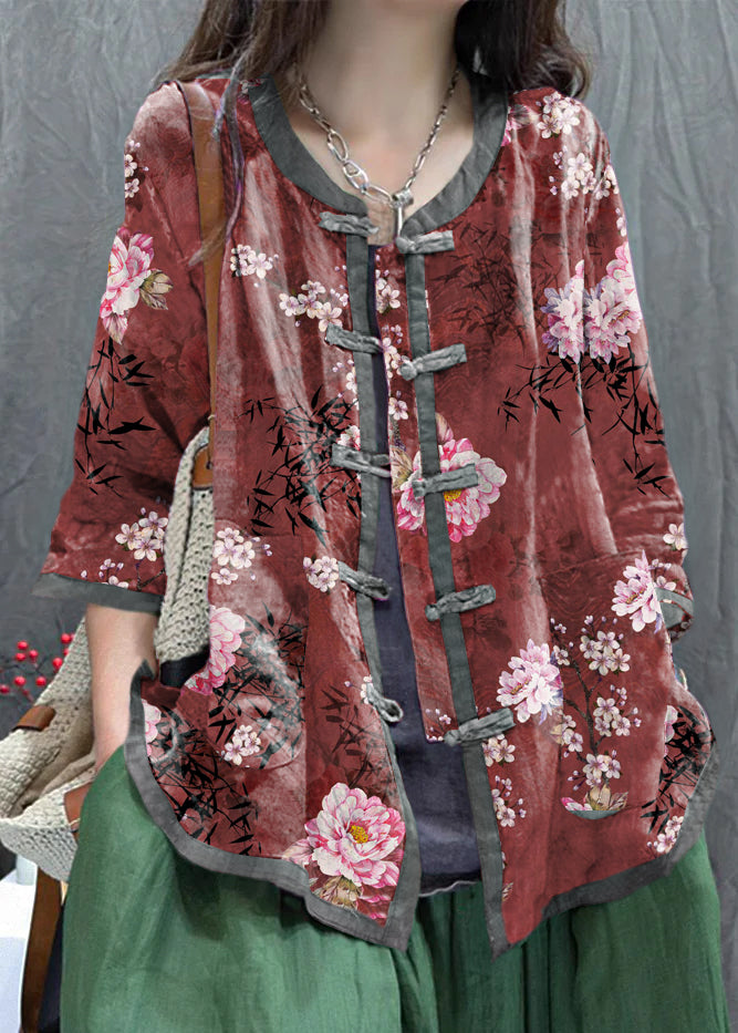 Brown Flowers Print Chinese Button Cotton Shirt Top Summer
